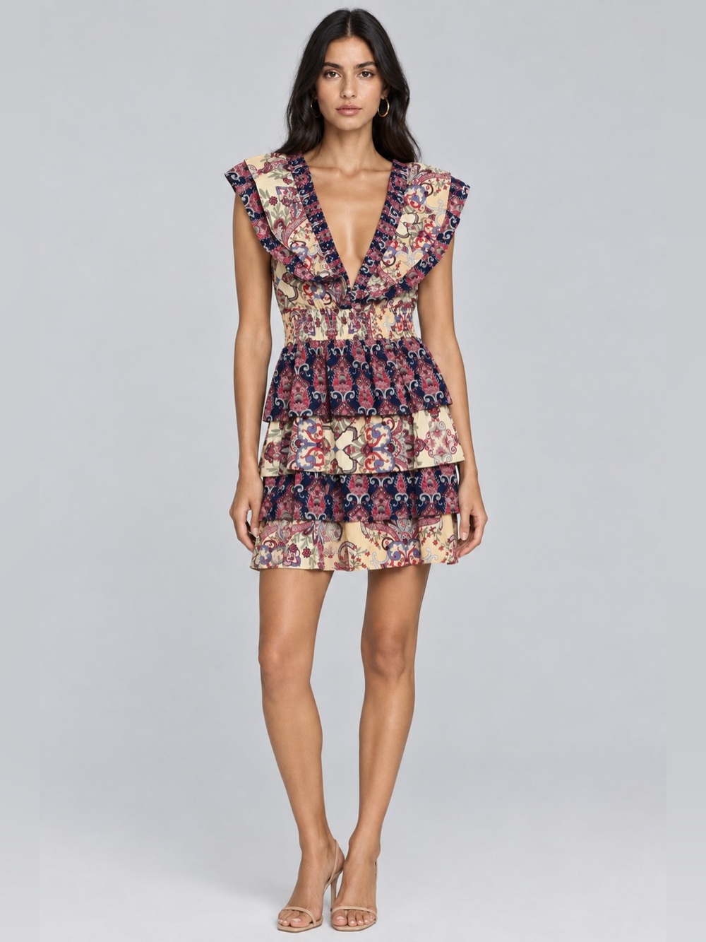 CAROLINE CONSTAS Floral Paisley Tiered Ruffle Smocked Waist Fairycore Dress S